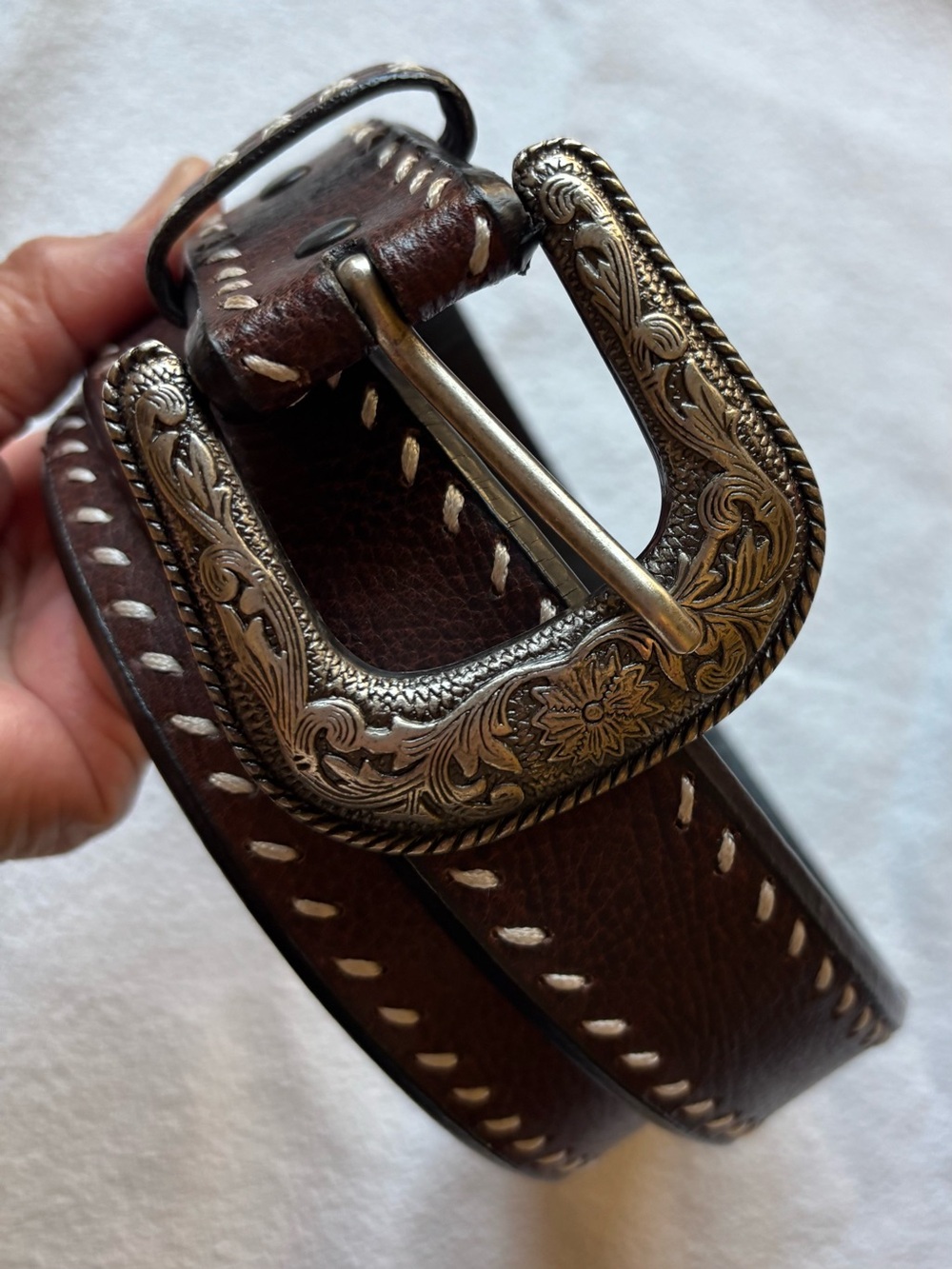 Western Style 42” Brown Leather Belt with Silver Buckle - Picture 2 of 8